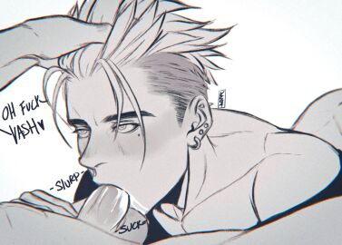 2boys bara bare_shoulders between_legs blush brother brothers collarbone commentary couple ear_piercing earrings english_commentary english_text fellatio hand_in_another's_hair heart incest jewelry looking_at_another male male_focus millions_knives mole mole_under_eye multiple_boys multiple_earrings multiple_males nebulousvega oral out_of_frame penis piercing saliva sanpaku siblings signature simple_background solo_focus sound_effects thick_eyebrows topless_male trigun trigun_stampede twins upper_body vash_the_stampede veins veiny_penis white_background yaoi