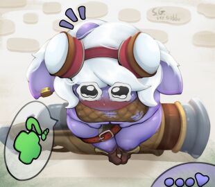 ass belt big_ears blush blushing_at_viewer breasts cannon clothed crossed_feet earrings embarrassed female fingers funny goggles goggles_on_head huge_ass huge_breasts huge_ears huge_eyes league_of_legends looking_at_viewer meme meme_reference non-human piercing purple_skin short_hair shortstack simple_background skygobbo sweat sweatdrop teary_eyes text_bubble thick thick_ass thick_thighs torn_clothes tristana white_hair wide_hips wild_rift yordle