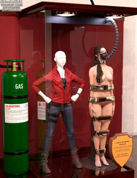 1girls 3d bound bound_arms brown_hair claire_redfield completely_nude female female_only full_body mannequin nude nude_female resident_evil solo thejpeger trophy_case unconscious unconscious_female