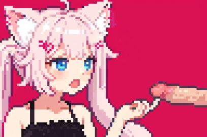 1boy ahoge animal_ear_fluff animal_ears bangs black_camisole blue_eyes blush camisole cat_ears censored female finger_on_penis hair_ornament hairclip long_hair male mosaic_censoring neko nekomata nekomimi nyatasha_nyanners open_mouth penis pink_background pink_hair pixel pixel_art pixelated red_background simple_background smile solo_focus spaghetti_strap straight twintails upper_body virtual_youtuber yumekomoore