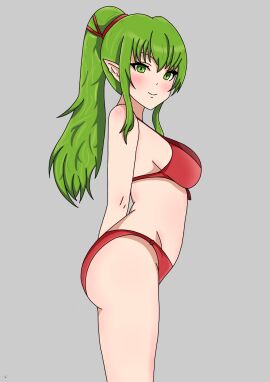 1girls alternate_costume arms_behind_back ass bangs bare_arms bare_midriff bare_thighs big_ass bikini blush breasts female female_only fire_emblem fire_emblem_awakening fire_emblem_heroes green_eyes green_hair grey_background li9mo long_hair looking_at_viewer looking_to_the_side medium_breasts midriff nintendo official_alternate_costume pointy_ears ponytail red_bikini red_swimsuit sidelocks solo swimsuit thighs tiki_(fire_emblem) tiki_(fire_emblem)_(adult)