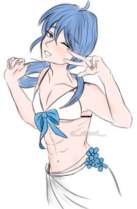 bikini blue_eyes blue_hair edmond_(nu:_carnival) erect_nipples femboy male muscular muscular_femboy muscular_male nipples nipples_visible_through_clothing peace_sign smiling smiling_at_viewer swimwear tagme