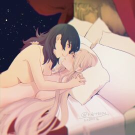 2girls asymmetrical_docking bed black_hair breast_press breasts byleth_(fire_emblem) byleth_(fire_emblem)_(female) canopy_bed commentary_request cowgirl_position curtains dated edelgard_von_hresvelg eye_contact female female_only fire_emblem fire_emblem:_three_houses hand_on_another's_shoulder holding_hands imminent_kiss indoors interlocked_fingers large_breasts long_hair looking_at_another multiple_females multiple_girls night nintendo noses_touching nude on_bed parted_lips pillow purple_eyes romaji_commentary sky small_breasts star_(sky) starry_sky twitter_username upper_body white_hair yukiyanagi_raki yuri