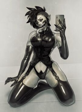 1girls big_breasts boots breasts cellphone clothed derek_hetrick drool drooling female garter_straps gloves grundelsmoochart kneeling latex latex_boots latex_clothing light-skinned_female light_skin looking_at_viewer mature_female mileena monster_girl mortal_kombat muscular nightmare_waifu pointy_ears pubic_hair pubic_hair_peek saliva sharp_teeth slightly_muscular tagme thigh_boots thighhighs tongue tongue_out villainess