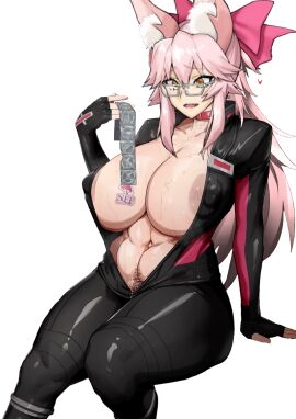 1girls areolae belly_button bodysuit breasts choker chubby chubby_female cleavage condom edit fate/grand_order fate_(series) female fluffy_ears fox_ears glasses huge_breasts koyanskaya_(assassin) koyanskaya_(fate) kunaboto_(style) long_hair nipple_bulge pink_hair pink_ribbon pubic_hair puffy_nipples ribbon sweat sweaty third-party_edit tight_clothing transparent_background