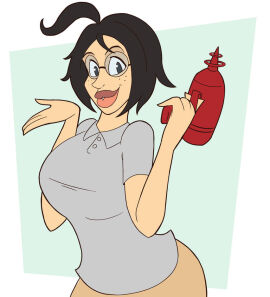 ahoge blaster blowing_kiss breasts busty cute female freckles glasses hair_antenna hips human lips liz_sharpe luhyzi nerd ray_gun spets-hound taunt thick_lips