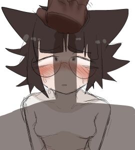 1boy 1girls animal_ears bangs blush breasts brown_hair cat_ears cat_girl catgirl dark-skinned_male dark_skin eyebrows_visible_through_hair female female_focus glasses hand_on_head hibi_(dustbinrat) highres imminent_oral interracial looking_at_penis looking_up male nervous nervous_sweat penis penis_awe penis_shadow round_glasses shadow short_hair simple_background small_breasts sweat wagyu white_background worried