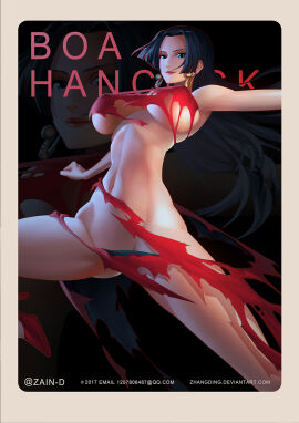 1girls bare_arms bare_breasts bare_legs bare_shoulders bare_thighs big_breasts black-haired_female black_hair blue_eyes boa_hancock breasts clothed clothing color female female_focus female_only hi_res large_breasts light-skinned_female light_skin lipstick long_hair looking_at_viewer nipples_visible_through_clothing one_piece ripped_clothing shounen_jump solo solo_female tagme thick_thighs zhangding