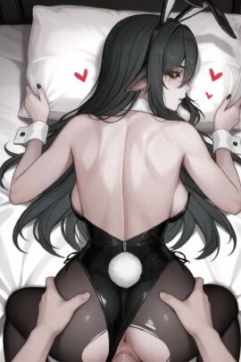 1boy 1girls ai_generated all_fours animal_ears ass back backboob bare_shoulders breasts clothing_aside detached_collar doggy_style facing_away fake_animal_ears fake_tail female female_focus from_behind heart highleg_leotard horror horror_(theme) horror_game horror_movie large_breasts layna_lazar leotard leotard_aside male pantyhose penis pillow playboy_bunny pov pussy rabbit_ears rabbit_tail sex sex_from_behind sheet_grab solo_focus straight strapless strapless_leotard sweat tagme tail torn_clothes torn_pantyhose vaginal_penetration video wrist_cuffs