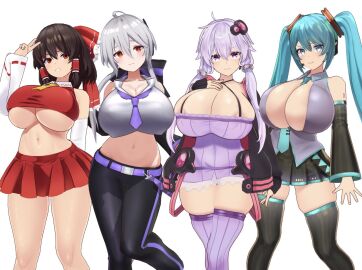 3d 3d_(artwork) 3d_model 4girls aqua_eyes aqua_hair big_breasts blue_hair breasts brown_hair cleavage clothed crossover dekapaiyukari enormous_breasts facominn female female_only gigantic_breasts grey_hair hatsune_miku huge_breasts large_breasts light_purple_hair midriff mikumikudance miniskirt mmd multiple_females multiple_girls navel purple_hair red_eyes reimu_hakurei skindentation thick_thighs touhou twintails underboob vocaloid voiceroid white_hair yowane_haku yuzuki_yukari