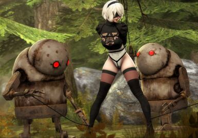 1girls 3d arms_behind_back bondage female nier:_automata robot skyripe white_hair yorha_2b