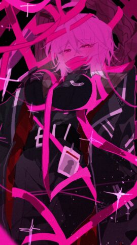 belt blush bondage breasts coat faust_(limbus_company) female fully_clothed hands_above_head lemonail limbus_company name_tag pants pink_eyes pink_ribbon pink_shoes_(limbus_company) project_moon sweater vest