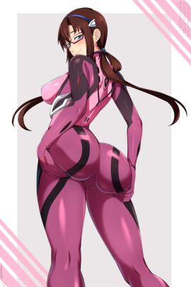 1girls artist_request ass ass_grab big_ass big_breasts blush bodysuit breasts brown_hair bubble_ass bubble_butt clothed curvy female glasses grabbing_ass huge_ass human interface_headset jpeg large_breasts light-skinned_female light_skin long_hair looking_at_viewer mari_illustrious_makinami neon_genesis_evangelion pilot_suit plugsuit presenting purple_bodysuit rebuild_of_evangelion skin_tight smile solo thick_thighs wide_hips