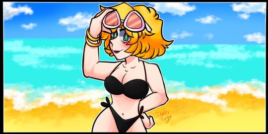 1girls background belly_button bikini black_border black_bra black_panties blue_eyes blue_sky blush boobs border bra breasts cloud cloudy cloudy_sky female flush flushed green_eyes las_perrerias_de_mike lips looking_at_viewer navel nose panties robin_(las_perrerias_de_mike) sea seaside short_hair sky sunglasses tagme tits yellow_hair