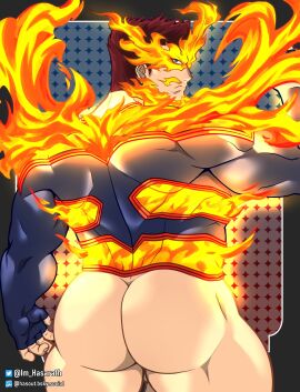 1boy absurdres artist_name arts_of_hasarath ass bara boku_no_hero_academia endeavor_(boku_no_hero_academia) fiery_beard fiery_clothing fingerless_gloves fire gloves highres huge_ass logo looking_at_viewer looking_back male male_focus masculine_male mask mature_male muscular muscular_male my_hero_academia no_pants red_hair short_hair simple_background spandex suit tight_clothes twitter_username yaoi