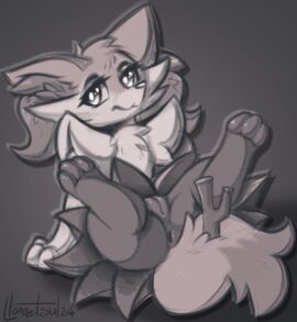 anthro anus biped braixen canid canine female fur generation_6_pokemon genitals inner_ear_fluff llametsul mammal monochrome nintendo pokemon pokemon_(species) pussy solo tail tuft