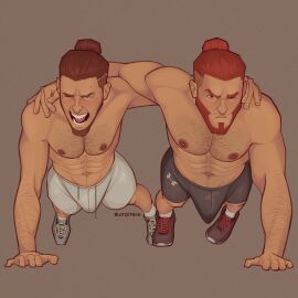 abs armpit_hair bara beard biceps big_bulge blush bulge clothing gay hairy_chest hector_(nuttkraken) huge_bulge looking_at_viewer male male/male male_nipples male_only male_pubic_hair muscular muscular_male nipples nuttkraken pecs penis penis_outline pubic_hair twitter_user_oc victor_(nuttkraken) yaoi