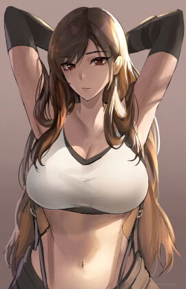 1girls armpits arms_up breast_focus breasts brown_eyes brown_hair cleavage clothed clothing female female_only final_fantasy final_fantasy_vii large_breasts light-skinned_female light_skin long_hair looking_at_viewer midriff navel smirk smirking solo solo_female solo_focus straps tifa_lockhart tommy_(kingdukeee) very_long_hair white_top