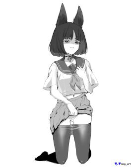 1girls absurd_res absurd_resolution absurdres annoyed belly_button black_and_white cameltoe cat_ears cat_girl catgirl disgusted female female_only grayscale greyscale high_res high_resolution highres lifting_skirt light-skinned_female light_skin looking_at_viewer looking_down_at_viewer monochrome nisp_art on_knees original panties pantyhose pantyhose_down pussy short_hair solo
