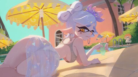 1girls alternate_costume ass beach_umbrella bikini blush bow-shaped_hair breasts cocktail_umbrella drink drinking_straw earrings female flower frown grey_bikini grey_hair hair_flower hair_ornament hanging_breasts highres holding holding_drink hoop_earrings huge_ass inkling inkling_girl inkling_player_character jewelry large_breasts looking_at_viewer looking_back lying marie_(splatoon) mole mole_under_eye nintendo on_side parasol pointy_ears pool poolside sarong sky solo solo_focus splatoon splatoon_(series) squid_girl swimsuit tagme tentacle_hair tropical_drink umbrella underboob water yellow_eyes zhang_tian57284