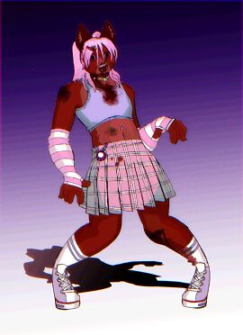 arm_warmers blood_on_leg bloody_eyes bruises contorted crop_top domestic_dog hair_clips kandi_(jewelry) pink_hair plaid_skirt strawb5rryotter transfem