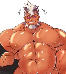 bara beard closed_eyes damon_gant facial_hair glasses gyakuten_saiban kaeru333938123 looking_over_eyewear looking_over_sunglasses male male_only muscles muscular nude pecs smiling solo solo_male sunglasses tinted_eyewear yaoi