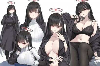 black_hair blue_archive breasts female halo looking_at_viewer navel open_mouth red_eyes rio_(blue_archive) seductive teasing