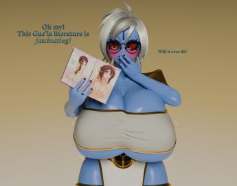 3d 3d_(artwork) alien_girl blender blender_(software) blue_body blue_skin blush breasts_bigger_than_head chaoslord cleavage covering_mouth freckles freckles_on_breasts freckles_on_face glasses huge_ass huge_breasts massive_breasts o'pai oc porn_magazine round_glasses sequence sole_female t'au tagme tau text thick thick_thighs voluptuous_female white_hair wide_hips wrapped_breasts