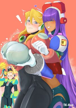 ! 3girls alia angry_face blonde_hair blue_eyes blush breasts female grabbing_breasts grabbing_breasts_from_behind green_eyes hair_over_eyes hair_over_one_eye heart layer mega_man mega_man_x pallette purple_hair robot_girl small_breasts smiley_face taikikun tk