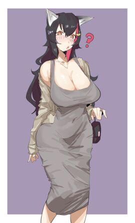 1girls ? aged_up bangs bangs_between_eyes black_hair black_purse blush_lines breasts brown_cardigan cardigan clothed_female clothes clothing dongtan_dress female fully_clothed fully_clothed_male grey_dress hair_accessory hair_between_eyes hair_ornament handbag hololive hololive_gamers hololive_japan inner_ear_fluff large_breasts leebongchun long_dress long_hair male married_female mature mature_female navel navel_visible_through_clothes necklace off_shoulder ookami_mio orange_eyes portrait purse question_mark red_hair ring ringed_eyes sidelocks solo solo_focus streaked_hair tight_clothing tight_dress two-tone_hair virtual_youtuber wavy_hair wedding_band wedding_ring wolf_ears wolf_girl wolf_tail yellow_hair_ornament