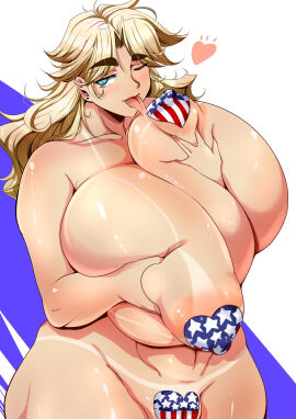1girls 4th_of_july absurd_res american american_flag american_flag_pasties areolae areolae_slip bangs big_breasts blonde_hair blue_background blue_eyes breast_grab breast_lick breast_squeeze breast_squish breasts cameltoe curvaceous curvy drooling female flag_pasties heart heart_pasties hi_res huge_breasts jessie_(matsumoto_katsuya) large_breasts licking light-skinned_female light_skin long_hair massive_breasts matsumoto_katsuya nipple_pasties nipples original pasties pussy pussy_pasty skindentation standing tan tanline thick_eyebrows thick_thighs tongue tongue_out two-tone_background useless_clothing voluptuous white_fur wide_hips