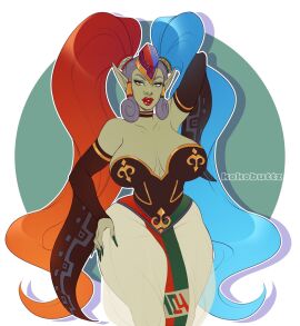 1girls 2022 amber_eyes big_breasts blue_hair breasts eyelashes female female_only gerudo green_skin grey_hair hand_behind_head hand_on_hip hi_res kokobuttz looking_at_viewer nintendo ocarina_of_time pointy_ears red_hair red_lipstick sidelocks solo the_legend_of_zelda thick_thighs three-tone_hair twinrova twintails very_long_hair wide_hips