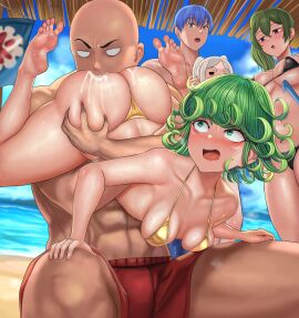 2boys 3girls ass big_ass bitting bitting_ass crossover female foot_fetish frieren male multiple_boys multiple_females multiple_girls multiple_males one-punch_man rkrk12 saitama sousou_no_frieren tatsumaki