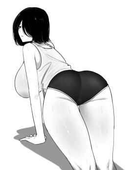 1girls ass bent_over big_breasts breasts commentary_request english_commentary female female_only hair_over_one_eye hi_res highres large_breasts mixed-language_commentary one_eye_obstructed original original_character short-haired_female short_hair simple_background very_high_resolution white_background