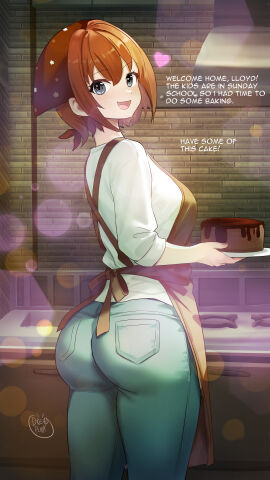 1girls apron ass big_ass brown_hair cake cooking dreadpunk eiyuu_densetsu female headscarf heart jeans kitchen looking_at_viewer looking_back noel_seeker offscreen_character red_hair smile text the_legend_of_heroes