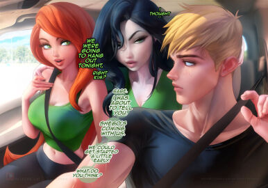 1boy 2girls belt belt_buckle big_breasts black_hair blonde_hair breasts dialogue disney english_text female ginger_hair green_eyes human kim_possible kimberly_ann_possible long_hair male multiple_females multiple_girls ron_stoppable sakimichan shego short_hair sweatdrop text