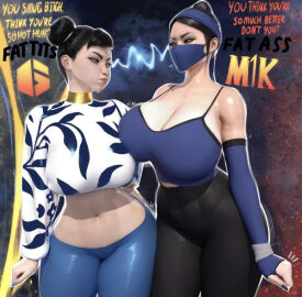 2girls 3d arguing asian asian_female ass ass_vs_breasts big_ass big_breasts big_butt breasts chun-li dialogue female female_only huge_breasts kitana mortal_kombat popogori street_fighter street_fighter_6 text voluptuous voluptuous_female