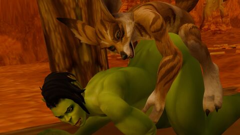 2boys 2girls anal anal_sex anthro anthro_on_female anthro_penetrating bigger_female blizzard_entertainment bordo day doggy_style female female_orc fox_ears fox_humanoid fox_tail green_skin male male/female muscular muscular_female orc orc_(warcraft) orc_female orgrimmar outdoors outside smaller_male umbralwarden valgra vulpera vulpera_male warcraft world_of_warcraft