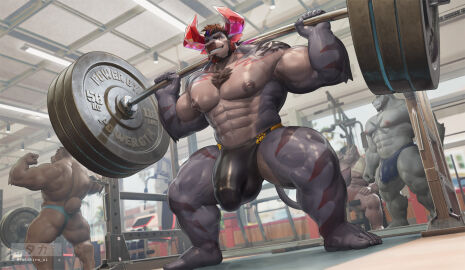 2024 abs anthro arm_tattoo artist_logo back_muscles balls balls_outline barbell bear biceps black_clothing black_hair black_speedo black_swimwear blonde_hair blue_clothing blue_speedo blue_swimwear bovid bovine brown_body brown_fur brown_hair brown_horn bulge cattle chest_markings chest_tuft clothed clothing detailed_bulge dragon exercise facial_hair flexing flexing_bicep flexing_both_biceps fur genital_outline goatee grey_body grey_fur group gym hair horn inside logo looking_at_viewer looking_down looking_down_at_viewer low-angle_view male mammal markings mirror muscles muscular muscular_thighs mythological_creature mythological_scalie mythology nipples obliques obsidius pecs penis penis_outline purple_body purple_fur red_body red_clothing red_eyes red_horn red_scales red_speedo red_stripes red_swimwear scales scalie serratus shoulder_tattoo sideburns small_tail smile solo speedo speedo_only standing striped_body striped_fur stripes swimwear tail takahirosi tattoo text topless tuft url watermark weightlifting window workout x_markings