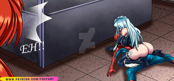 1boy 2girls ass big_ass big_breasts black_cat_(marvel) breasts bust busty chest curvaceous curvy curvy_figure digital_media_(artwork) felicia_hardy female foxyart hero heroine hips hourglass_figure legs light-skinned_female light-skinned_male light_skin male male/female marvel marvel_comics mary_jane_watson mature mature_female peter_parker red_hair slim_waist spider-man spider-man_(series) straight superhero superheroine thick thick_hips thick_legs thick_thighs thief thighs voluptuous waist white_hair wide_hips