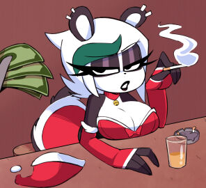 anthro bell_collar big_breasts breasts christmas_outfit cleavage collar female female_only money nelljoestar original original_character panda piercing prostitution siu_lin_(nelljoestar) smoking