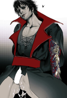 1boy absurdres after_anal arms_behind_back ass_visible_through_thighs baldur's_gate baldur's_gate_3 bara blank_censor censored cowboy_shot cum cumdrip dungeons_and_dragons enver_gortash hairy head_tilt heart highres large_pectorals male male_focus male_only mature_male muscular muscular_male no_visible_genitalia pectoral_cleavage pectorals solo sparse_chest_hair spot_color thick_eyebrows thick_thighs thighs yaoi zuoshan123