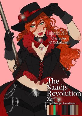 1girls cleavage dhampir diplomacyraptor dungeons_and_dragons female green_eyes gun gunslinger long_hair lujordis navel pathfinder pathfinder_(oc) pinup pinup_pose red_hair rifle saadis_revolution solo_female solo_focus tagme vampire vampire_girl zeri_(cobaltjarl)