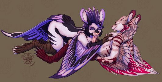 anthro aven avian avian_feet bird bodily_fluids cheek_tuft claws cum cum_in_mouth cum_inside cuntboy duo facial_tuft feather_hair feather_tuft feathered_crest feathered_wings feathers fellatio flabberd genital_fluids genitals hand_on_chest hand_on_penis head_crest hybrid inner_ear_fluff intersex intersex/male long_ears looking_at_another looking_pleasured male male/male on_elbow oral penile penis pseudo_hair sex tail tail_feathers ten_(sergeanthax) toe_claws tuft vena_(sergeanthax) wings