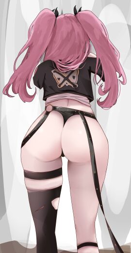 absurdres ass ass_focus female from_behind garter_belt hair_ribbon highres huge_ass long_hair nicole_demara pink_hair ribbon single_thighhigh solo thighhighs thong torn_clothes torn_thighhighs twintails youp_(youp_art) zenless_zone_zero