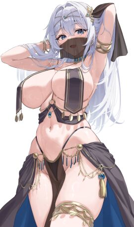 blue_eyes bracelet breast_curtains breasts cleavage female female_only harem_outfit jewelry large_breasts long_hair looking_at_viewer navel original pelvic_curtain sg_(satoumogumogu) shion_alfine_(satoumogumogu) sideboob smile solo veil white_hair