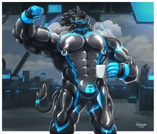 2022 abs absurd_res anthro areola bara biceps big_muscles biped drone dronesuit eyewear eyewear_on_head felid flexing flexing_bicep fur gag gas_mask glasses glasses_on_head glaucablitz hi_res holding_coffee_mug lion lock_bulge looking_at_viewer male mammal mane mask muscles muscular muscular_anthro muscular_male muscular_sub nipple_piercing nipple_ring nipples pantherine pecs piercing ring_gag ring_piercing solo standing submissive submissive_anthro submissive_male white_mane yaoi