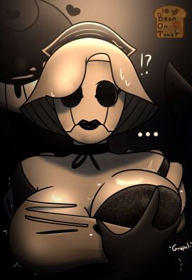 1girls 2024 2d background beanontoast bendy bendy_and_the_dark_revival bendy_and_the_ink_machine betty_(bendy_and_the_dark_revival) big_breasts black_bra bra breasts clothed_female dialogue female groping groping_breasts hi_res ink_demon male mask masked_female one_breast_out