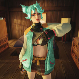 1girls 3d blue_hair female fortnite jade_(fortnite) lifting_shirt looking_at_viewer macklesternsfw pencil_skirt shirt_lift shirt_up teasing