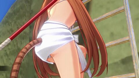1girls 3d alternate_costume animated ass brown_hair cat_tail clothing eiyuu_densetsu estelle_bright exposed_shoulders falcom female gameplay ladder long_hair panties sandals sideboob sora_no_kiseki swimsuit thighs trails_in_the_sky twintails white_panties